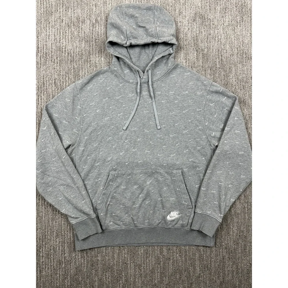 Nike Hoodie Mens Large Gray AOP Swoosh Drawstring Pullover Hooded Sweatshirt